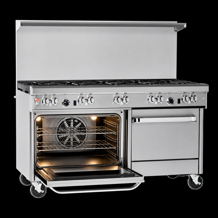 Product image #4 for Ultimate 60-Inch Commercial Gas Restaurant Range with 9 Open Burners, Convection Oven and Cabinet Base