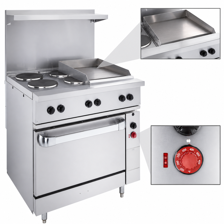 Product image #5 for Vulcan 36-Inch Electric Restaurant Range with 2 French Plates, 24-Inch Griddle, and Standard Oversized Oven