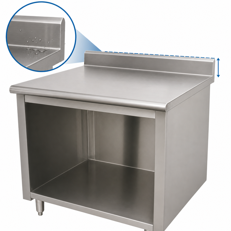 Product image #4 for Advance Tabco 36-Inch x 30-Inch Stainless Steel Work Table with 14-Gauge 304 Top, 5-Inch Backsplash, and Open Front Cabinet Base