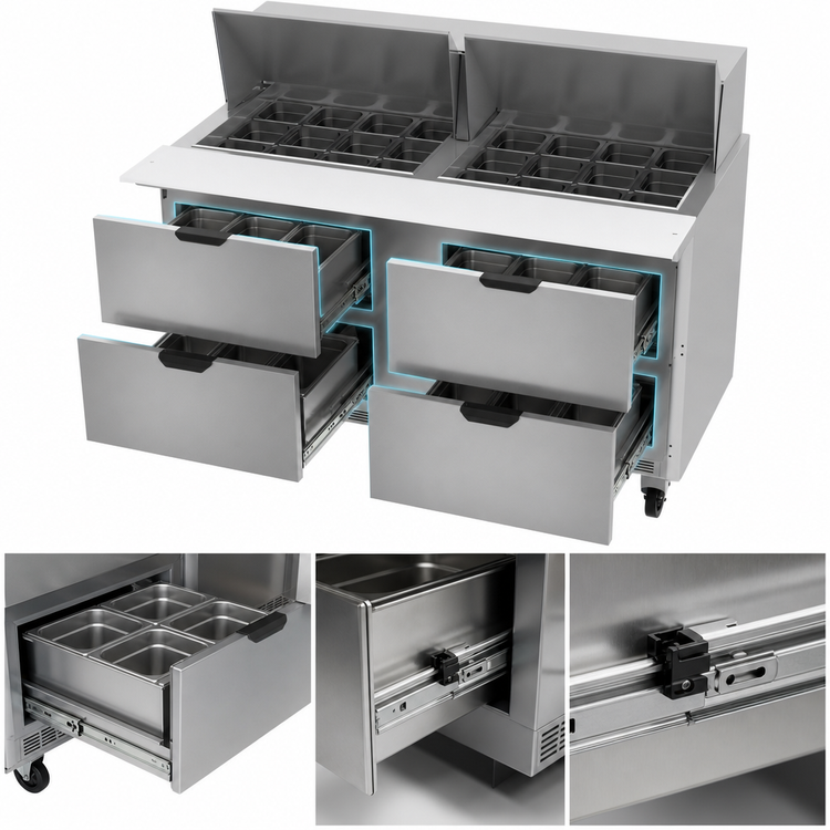 Product image #5 for Beverage-Air SPED60HC-24M-4 Two-Section 60-Inch Mega Top Sandwich Prep Table Refrigerator with 4 Drawers