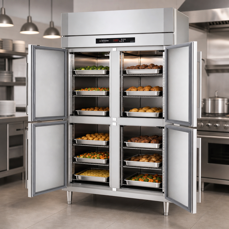 Product image #4 for Victory UltraSpec™ Two-Section Reach-In Heated Holding Cabinet, Standard Depth, 46.5 Cu. Ft., 4 Half-Height Solid Hinged Doors