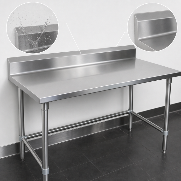 Product image #4 for John Boos Stallion 108" x 30" 14 Gauge 300-Series Stainless Steel Work Table with 5" Backsplash and Safety Edge