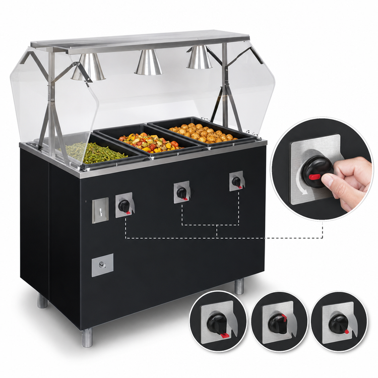 Product image #4 for 2-Series Affordable Portable™ 3-Well Open Well Mobile Hot Food Station with Buffet Breath Guard, Lights, and Enclosed Storage Base, Black, 120V