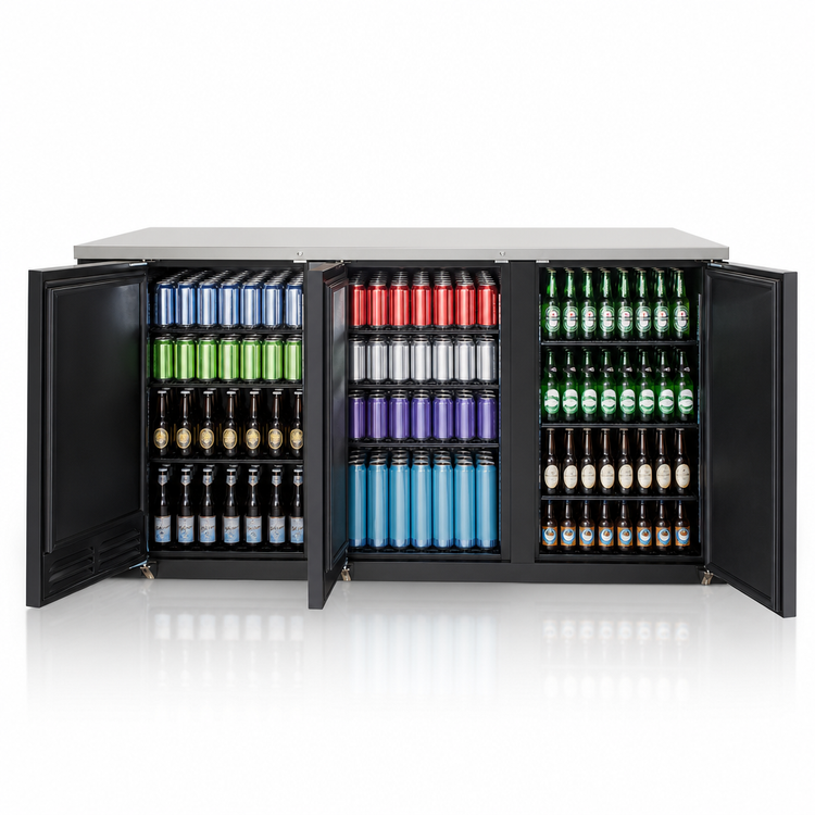 Product image #4 for Everest Refrigeration EBB90 Three-Section Back Bar Refrigerator, 89-1/4 Inch Wide, 32 Cu. Ft., Black Vinyl