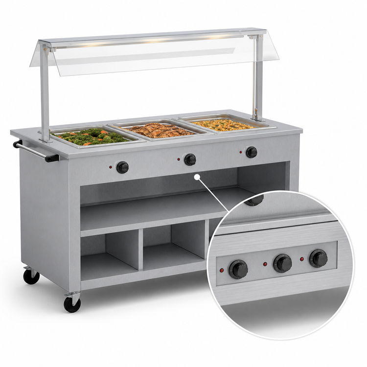 Product image #4 for Vollrath 2-Series Affordable Portable 3-Well Hot Food Station with Open Storage Base, Buffet Breath Guard, Lights, and Brushed Aluminum Finish