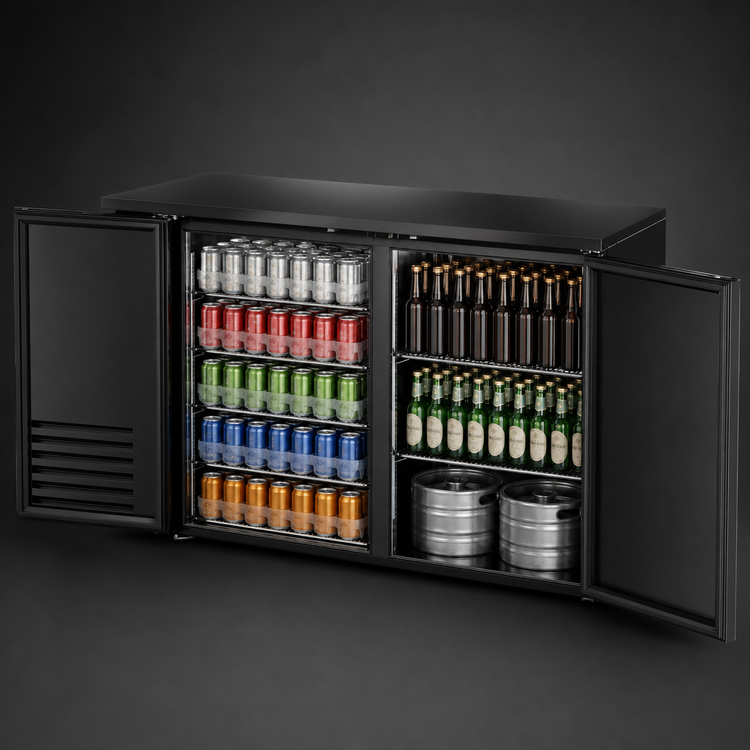 Product image #4 for 60-Inch Wide, 24-Inch Deep Two-Section Single-Zone Back Bar Cooler with Solid Swing Doors and Black Exterior