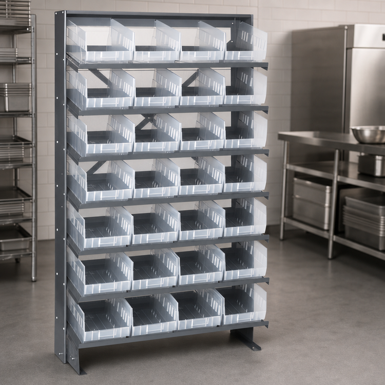 Product image #4 for Quantum Sloped Single-Sided Steel Pick Rack with 8 Shelves and 32 Clear Bins