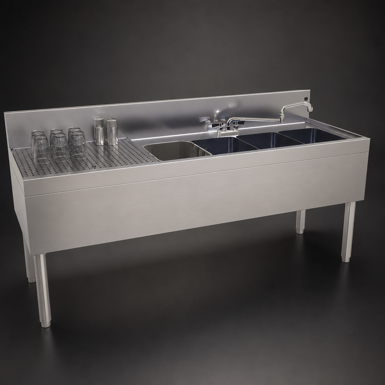 Product image #4 for Glastender Four-Compartment Stainless Steel Underbar Sink Unit with Left Drainboard, 72" W x 24" D