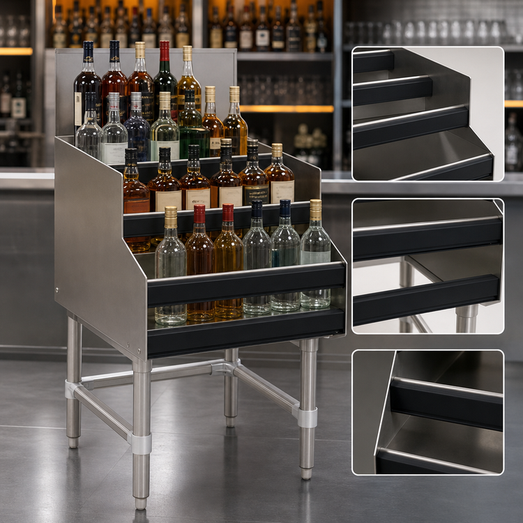 Product image #4 for Eagle Group Spec-Bar Freestanding Liquor Bottle Display Unit, 12"W x 24"D, 4-Step, Double Speed Rail, 304 Stainless Steel (LDDR12-19)