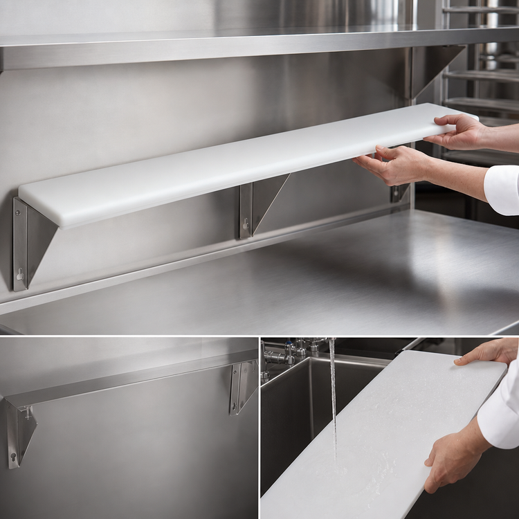 Product image #4 for Advance Tabco Triumph Supreme Stainless Steel Food Table Shelf with Removable 3/8" White Poly Cutting Board, 47-1/8" W x 12" D
