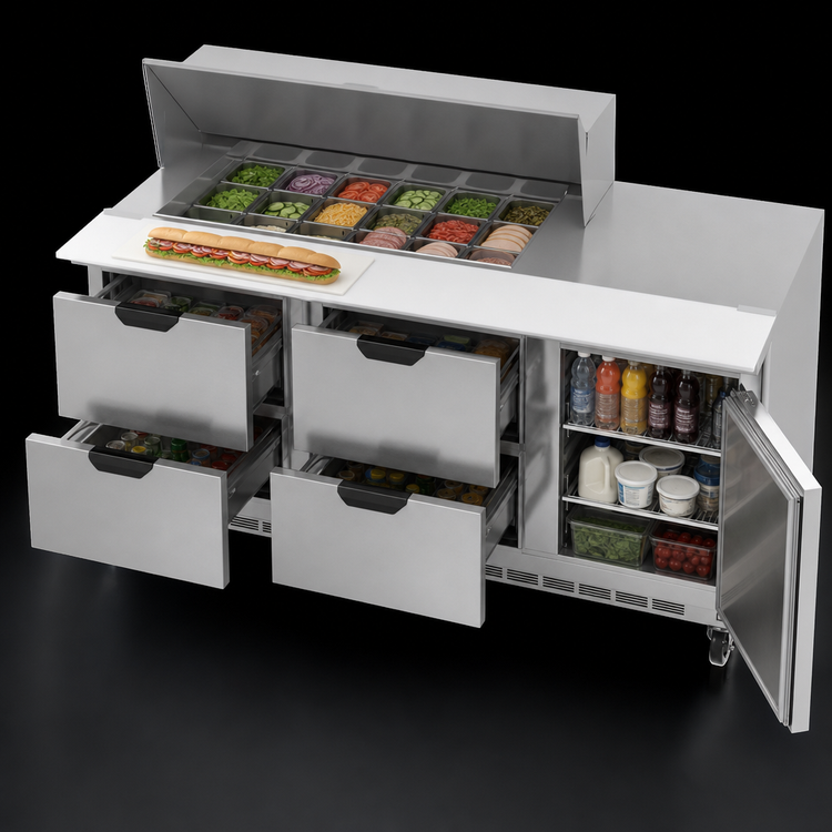 Product image #5 for Beverage-Air SPED72HC-18M-4 72-Inch Three-Section Mega Top Refrigerated Sandwich Prep Table with 4 Drawers, 1 Door, and 18-Pan Top