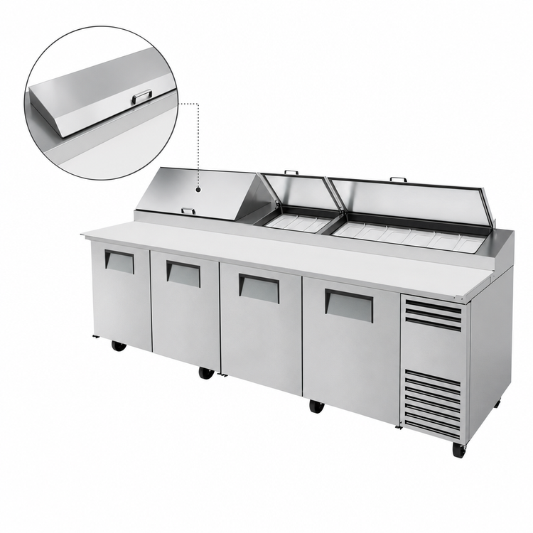 Product image #4 for True TPP-AT-119-HC 4-Section Pizza Prep Table with Side-Mounted Self-Contained Refrigeration