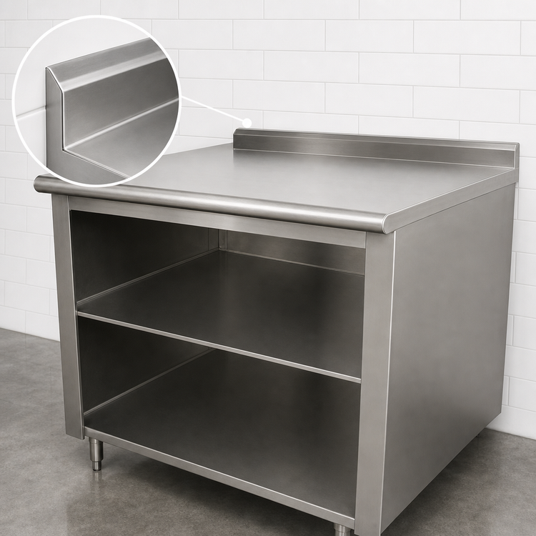 Product image #4 for Advance Tabco 96" x 30" 14-Gauge 304 Stainless Steel Underbar Work Table with Open Front Cabinet Base, Mid-Shelf, and 1-1/2" Rear Up-Turn