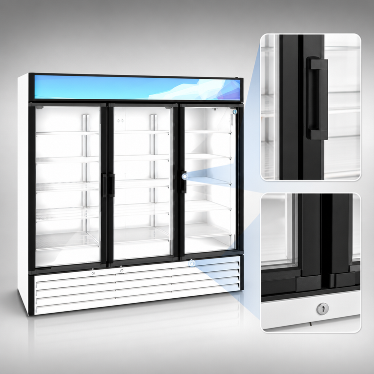 Product image #4 for Hoshizaki RM-65-HC-WHT Three-Section Reach-In Glass Door Refrigerated Merchandiser, 56.04 Cu. Ft., White