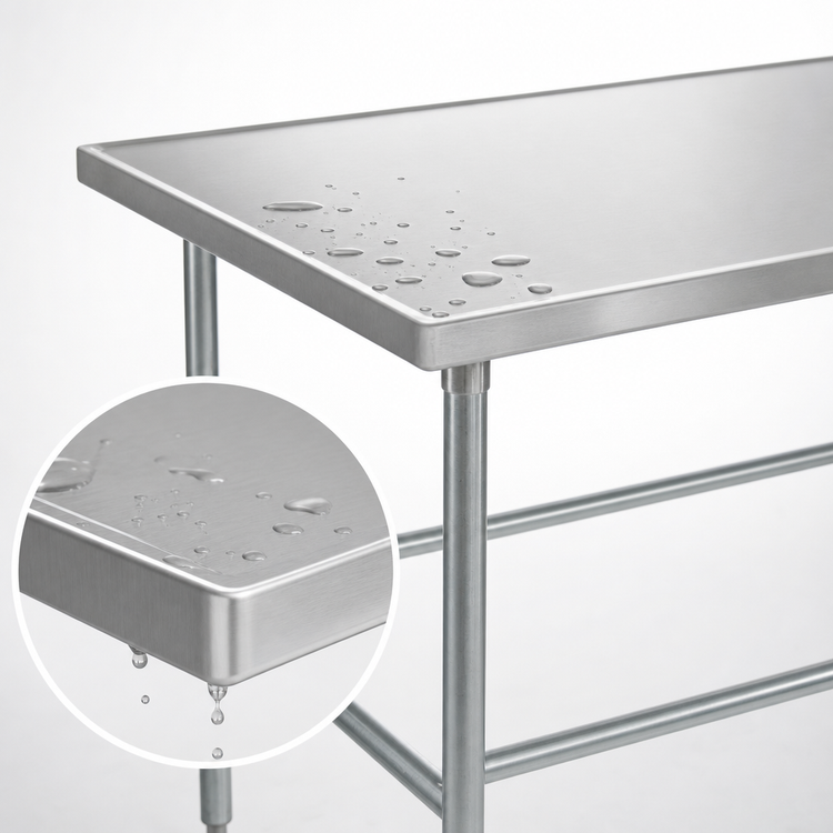 Product image #4 for Advance Tabco 84-Inch x 36-Inch 14-Gauge 304 Stainless Steel Work Table with No-Drip Edge and Galvanized Open Base