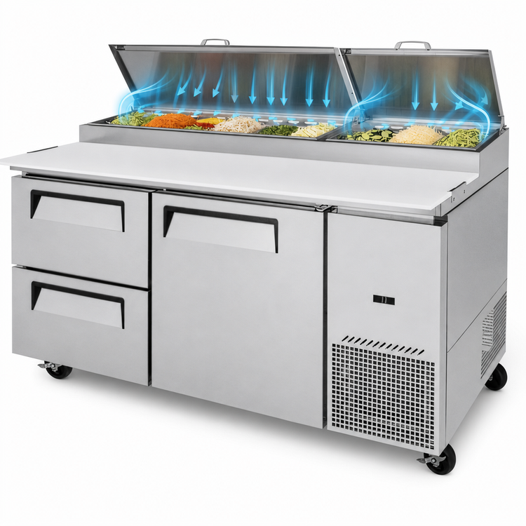 Product image #4 for Turbo Air Super Deluxe 67-Inch Two-Section Pizza Prep Table with 1 Door, 2 Drawers, and 20 Cu. Ft. Capacity