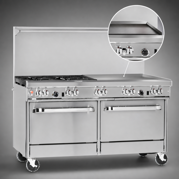 Product image #4 for Ultimate 60-Inch Gas Restaurant Range with 4 Open Burners, 36-Inch Griddle, Standard Oven, and Cabinet Base