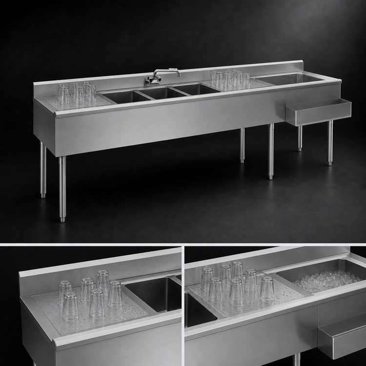 Product image #4 for Eagle Group 1800 Series 96-Inch Underbar Combination Unit with 3 Sink Bowls, Drainboards and 24-Inch Ice Bin