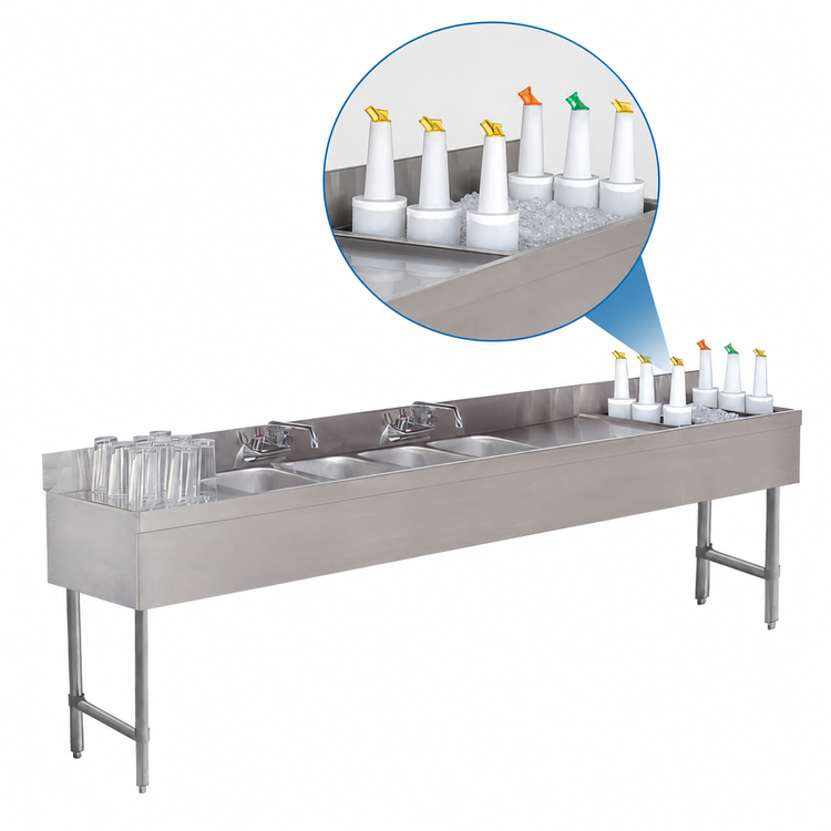 Product image #4 for Advance Tabco Underbar Basics 3-Compartment Bar Sink and Ice Bin Combo with Right-Side Ice Bin, 84-Inch Wide