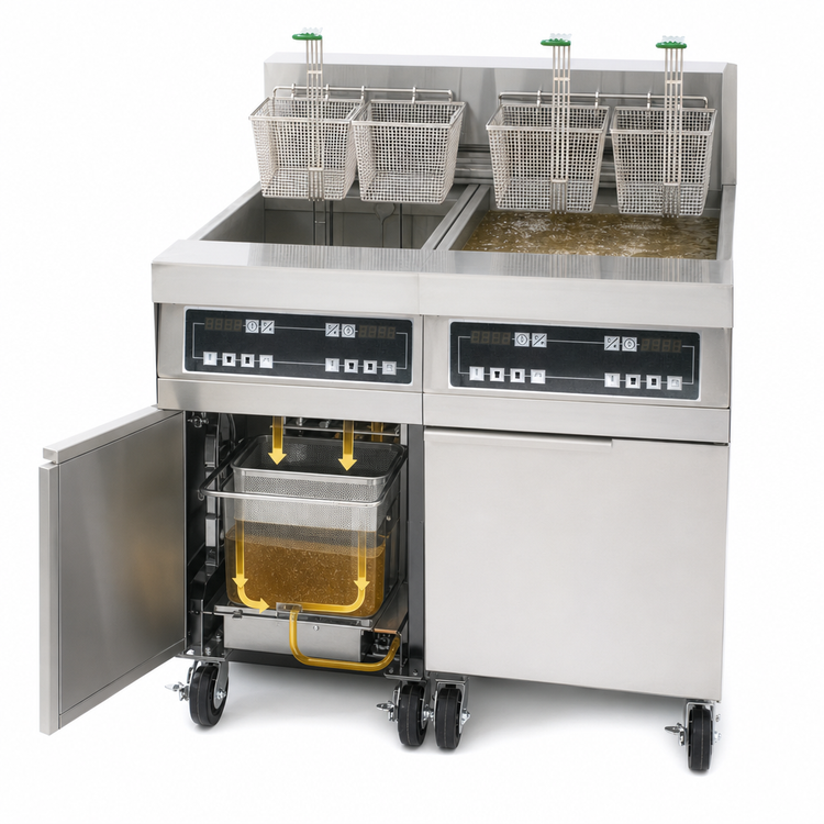 Product image #4 for Frymaster RE High Efficiency Electric Fryer Battery with Built-In FootPrint Pro Filtration, 2 x 80 lb Frypots