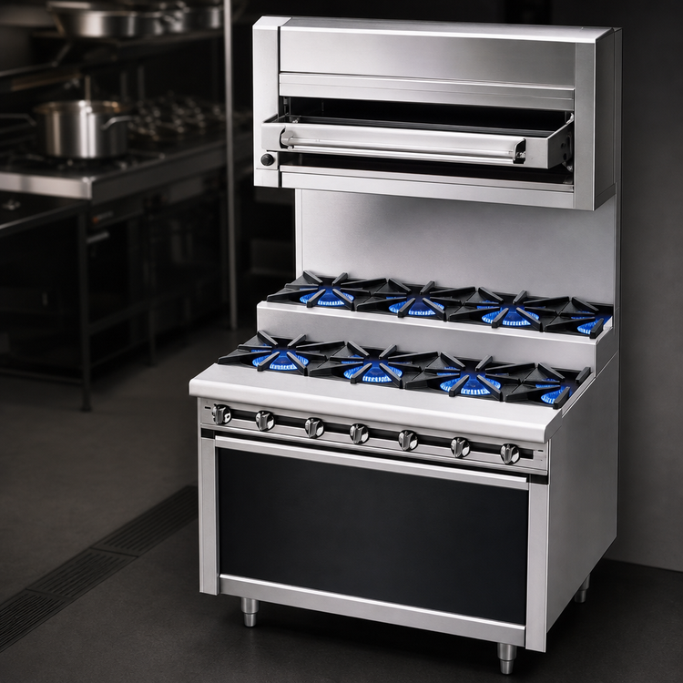 Product image #4 for Titan JTRHE-6-6 Heavy Duty 72-Inch Gas Cabinet Base Step-Up Range with 12 Open Burners
