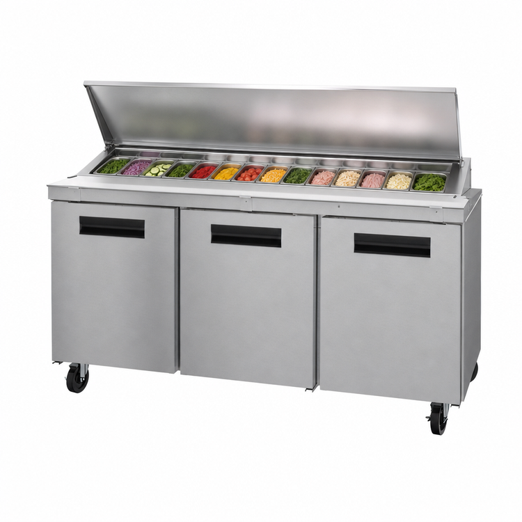 Product image #4 for Hoshizaki Steelheart 72-Inch Three-Section Sandwich Top Refrigerated Prep Table, 16-Pan Top Rail