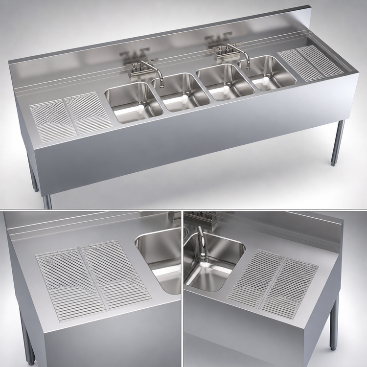 Product image #4 for Krowne Royal Series Four-Compartment Underbar Sink Unit with Dual Drainboards and Deck-Mount Faucet, 72W x 24D