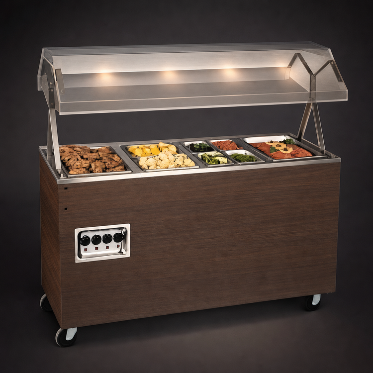 Product image #4 for Vollrath 2-Series Affordable Portable 4-Well Lighted Buffet Hot Food Station with Enclosed Base, Walnut Woodgrain, 120V