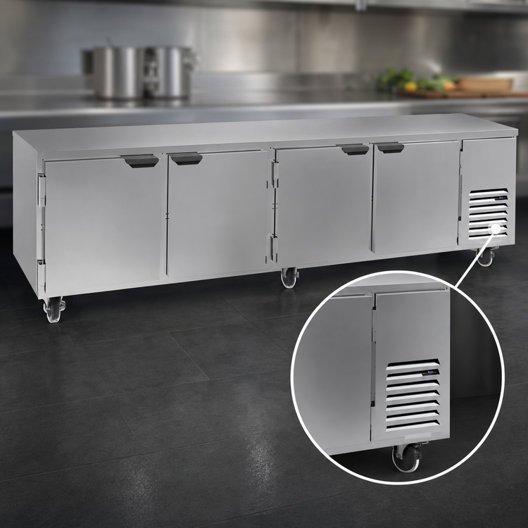 Product image #5 for Beverage-Air Four-Section Undercounter Reach-In Refrigerator, Side-Mount Self-Contained, 118 Inch Wide, Solid Doors