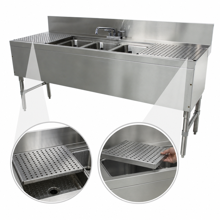 Product image #4 for Advance Tabco Prestige 3-Compartment Underbar Sink Unit with Dual Drainboards and Deck-Mount Faucet, 60 Inch