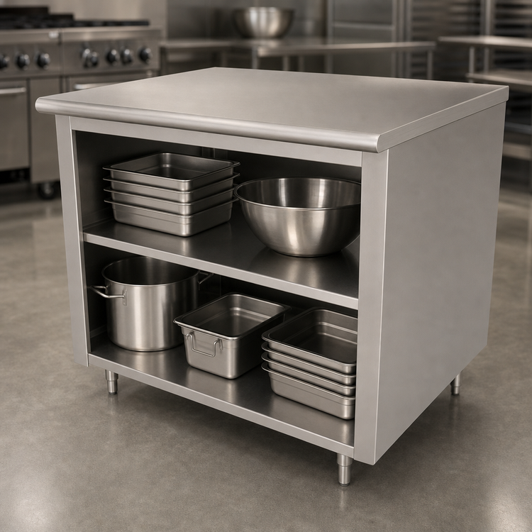 Product image #4 for Advance Tabco 72 Inch x 36 Inch 14 Gauge 304 Stainless Steel Open Front Cabinet Base Work Table with Mid-Shelf