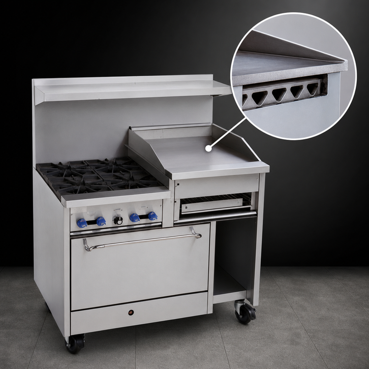 Product image #4 for Comstock-Castle 48-Inch Commercial Gas Range with 4 Open Star Burners, 24-Inch Raised Griddle/Cheesemelter, 31-Inch Oven and Cabinet Storage Base