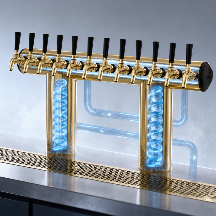 Product image #4 for Perlick 8-Faucet Glycol-Cooled Winged Bridge Countertop Draft Tower, Tarnish-Free Brass