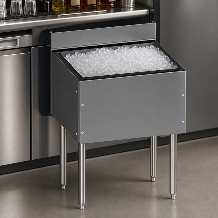 Product image #4 for CHOICE by Glastender 36 Inch 19-Inch Deep Stainless Steel Underbar Ice Bin, 100 lb. Capacity