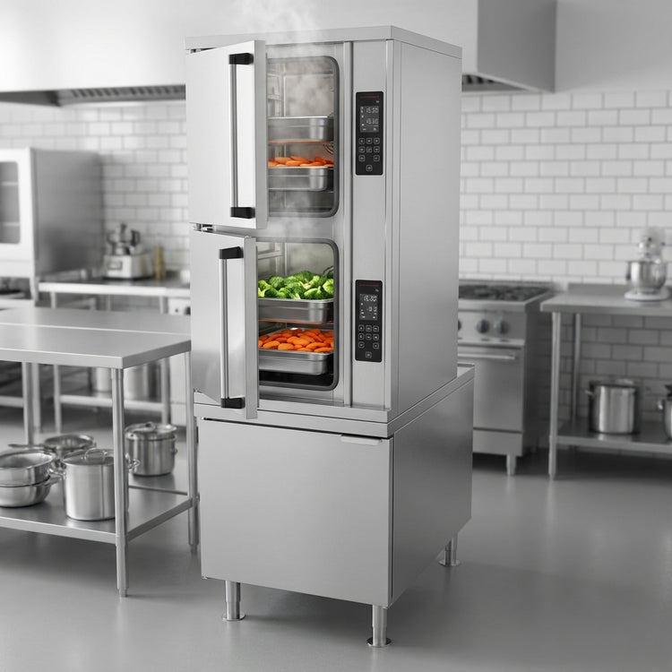Product image #3 for Crown DCX-10-36 Two Compartment Full-Size Direct Steam Convection Steamer with Cabinet Base