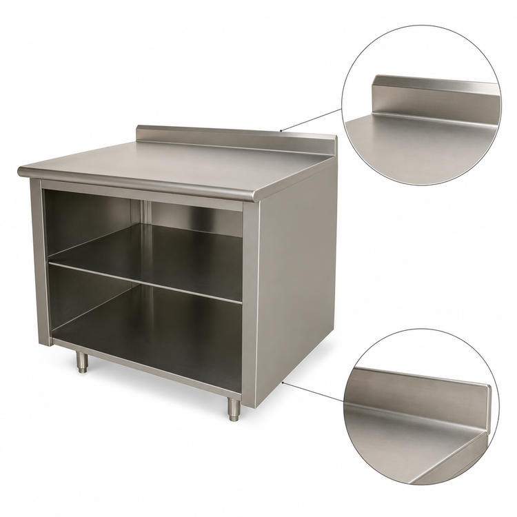 Product image #4 for Advance Tabco 144-Inch x 24-Inch 14 Gauge 304 Stainless Steel Open Front Cabinet Base Work Table with 5-Inch Backsplash and Fixed Mid Shelf