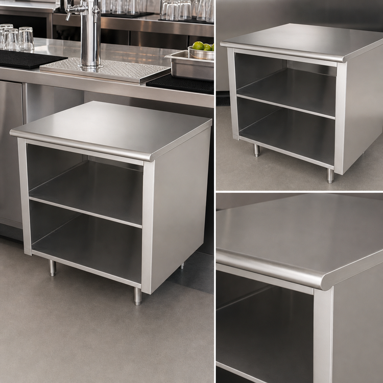 Product image #4 for Advance Tabco 36-Inch x 30-Inch Work Table with Open Front Cabinet Base, Mid-Shelf, and 14-Gauge 304 Stainless Steel Top