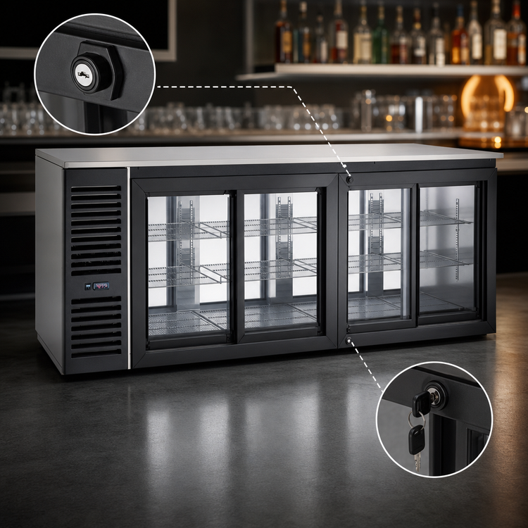 Product image #4 for Pass-Thru Sliding Door Refrigerated Back Bar Storage Cabinet, 60 Inch, 4 Glass Doors, Left-Mounted Self-Contained