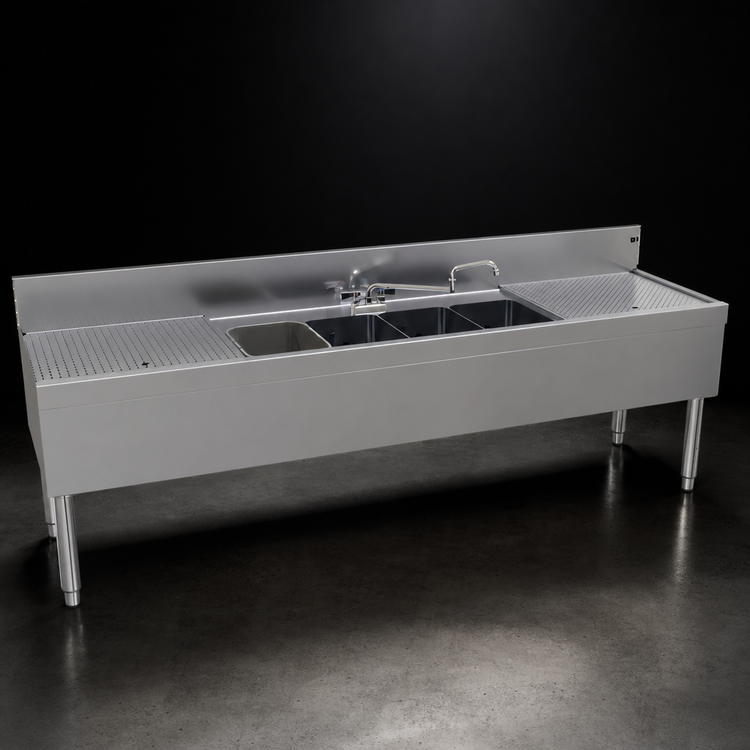 Product image #4 for Glastender Four-Compartment Underbar Sink Unit with Left and Right Drainboards, 96 Inch W x 24 Inch D