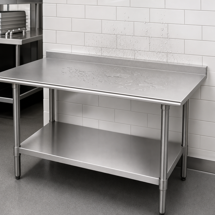 Product image #4 for Advance Tabco Special Value Series 84-Inch x 24-Inch 18 Gauge 430 Stainless Steel Work Table with Backsplash and Undershelf