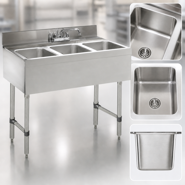 Product image #4 for Advance Tabco Underbar Basics 3-Compartment Stainless Steel Bar Sink Unit with Deck-Mount Faucet, 36 x 21 x 33 Inches