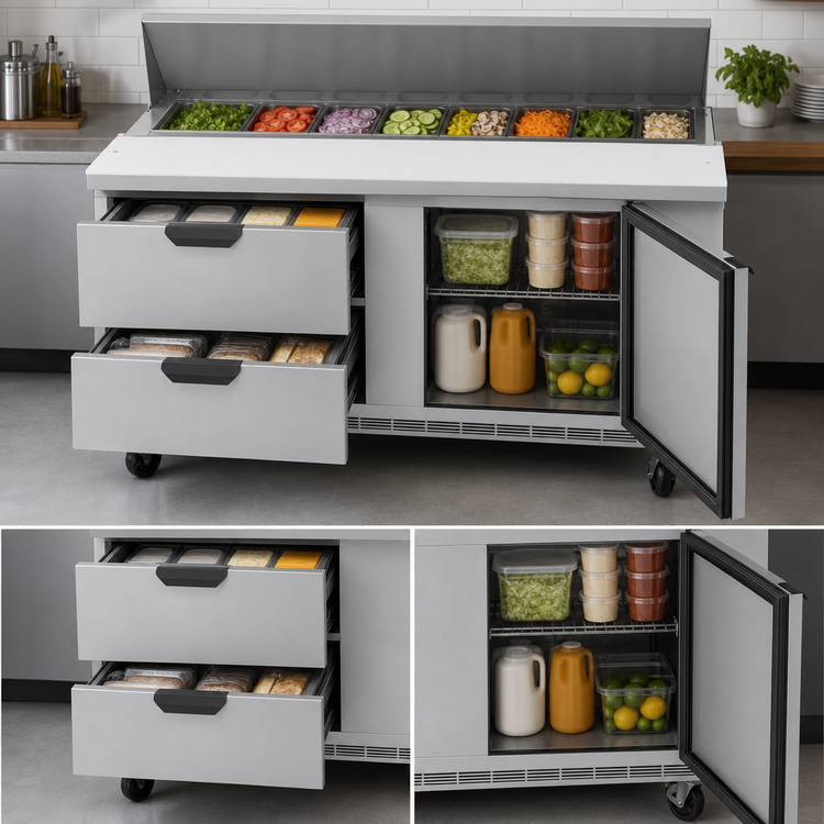 Product image #5 for Beverage-Air 60 Inch Two-Section Sandwich Prep Table with 2 Drawers, 1 Door, and 16 1/6-Size Pan Top