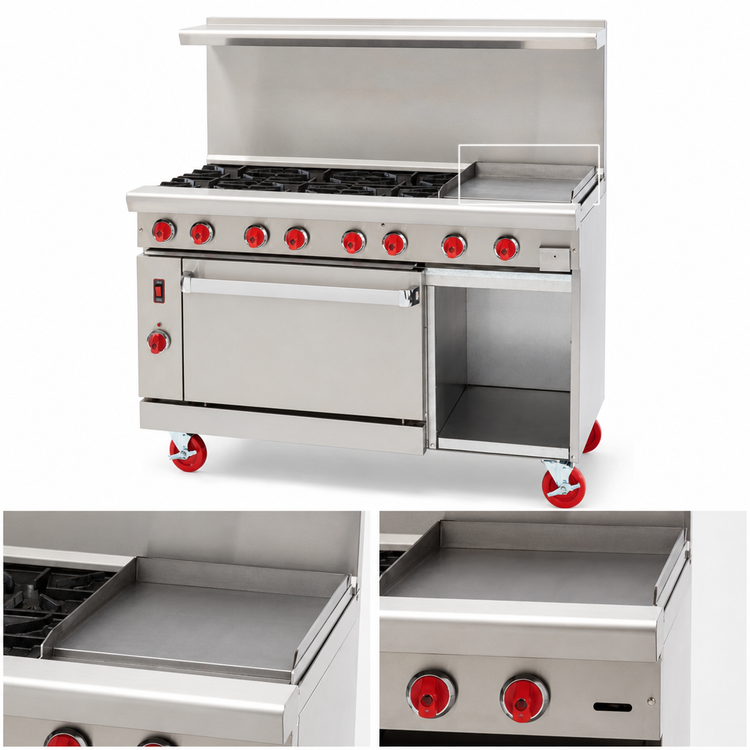 Product image #4 for American Range 48-Inch Green Flame Commercial Gas Range with 12-Inch Griddle, 6 Open Burners, Left Convection Oven, and Right Storage Base