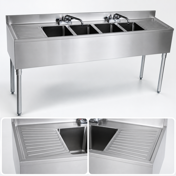 Product image #4 for BK Resources 4-Compartment Stainless Steel Underbar Sink with Left and Right Drainboards, 84 Inch Wide
