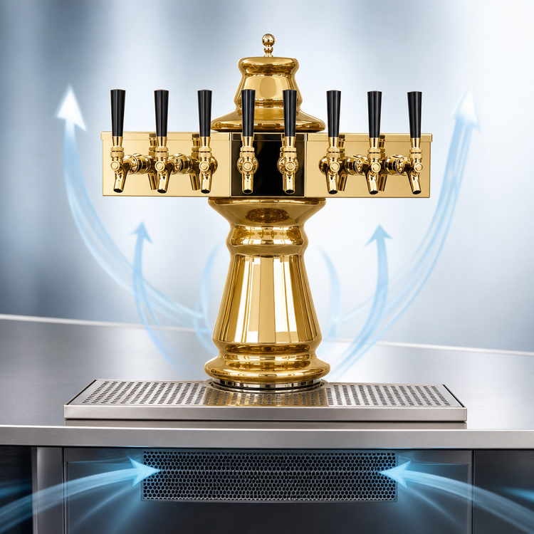 Product image #4 for Glastender Vienna 8-Faucet Air-Cooled Draft Dispensing Tower with Surface-Mount Drain Pan, Polished Brass