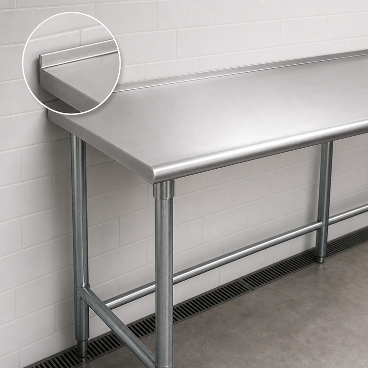 Product image #4 for Advance Tabco 84-Inch x 24-Inch 16-Gauge 430 Stainless Steel Work Table with 1-1/2-Inch Rear Up-Turn and Galvanized Open Base
