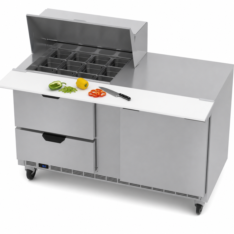 Product image #5 for Beverage-Air SPED60HC-12M-2 60" Two-Section Mega Top Refrigerated Prep Table with 12-Pan Opening, 2 Drawers and 1 Door