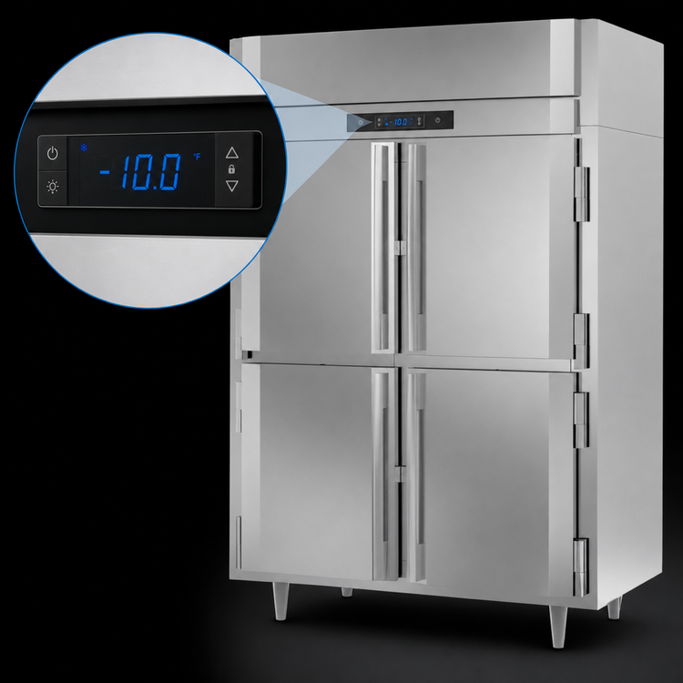 Product image #4 for Victory UltraSpec Extra Wide 2-Section Reach-In Freezer with 4 Half-Height Solid Hinged Doors, Self-Contained Top-Mounted Refrigeration