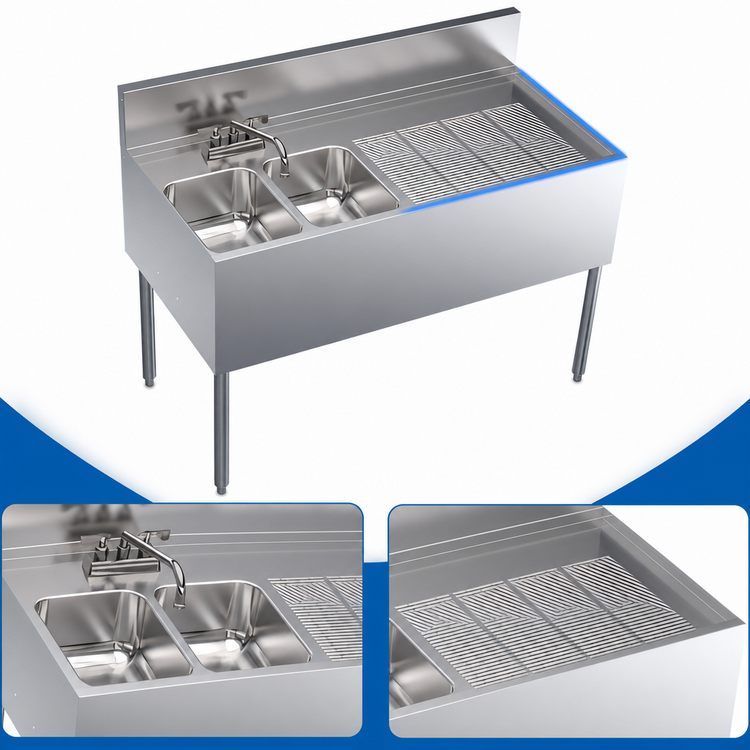 Product image #4 for Krowne Royal Series Two-Compartment Underbar Sink Unit with Right Drainboard and Faucet, 48 Inch W x 24 Inch D