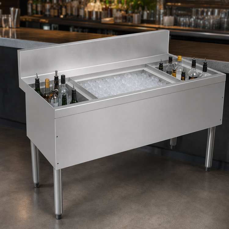Product image #4 for Advance Tabco Prestige 54-Inch Stainless Steel Bar Ice Bin with Dual Bottle Wells, No Cold Plate